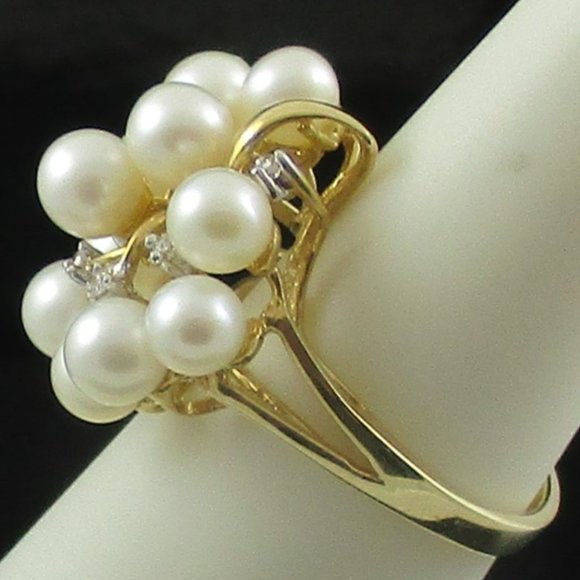 14K Gold Cultured Freshwater Pearl & Diamond Spray Ring - Size 5 - Picture 6 of 7